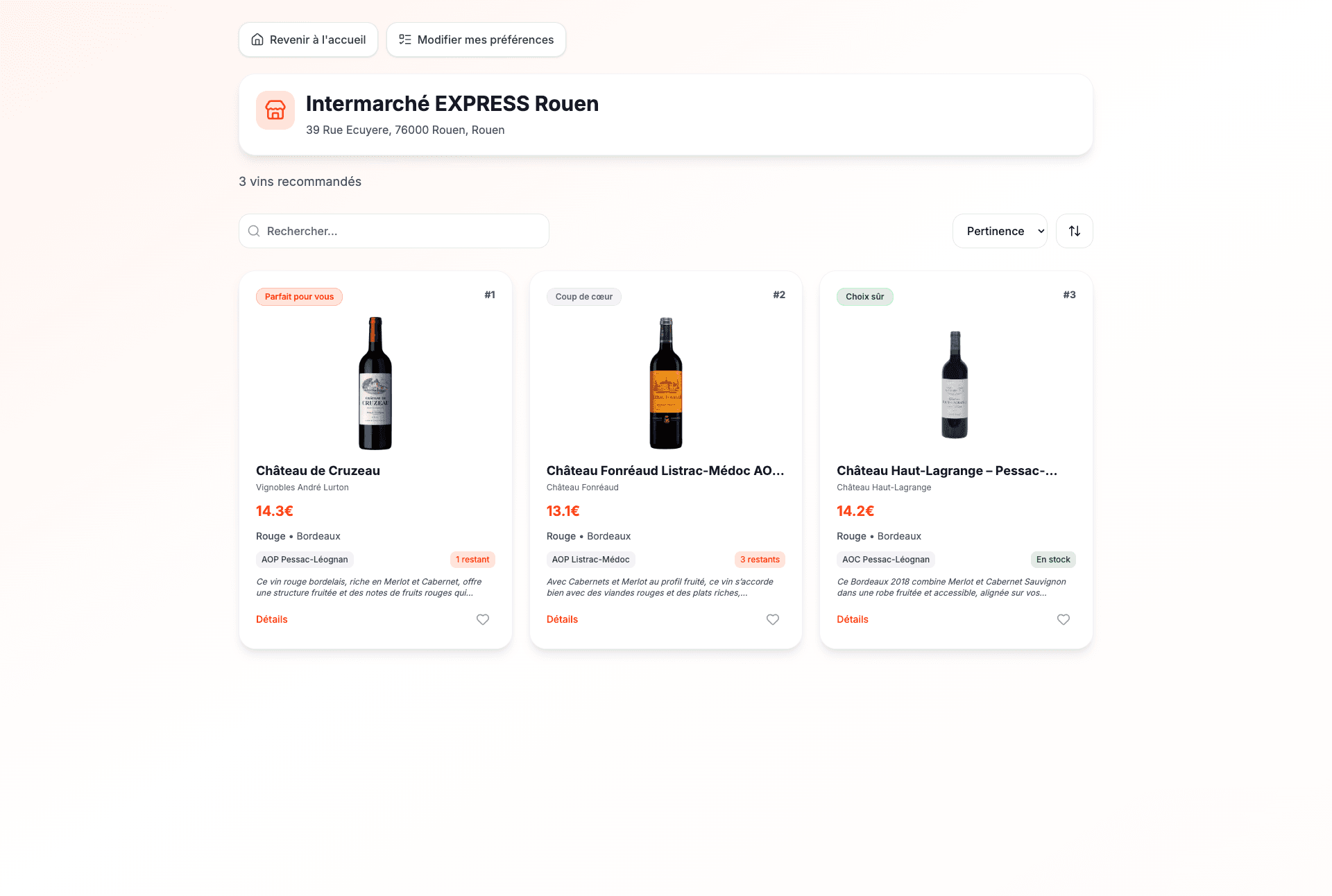 Onéva — recommandations de vin en magasin
